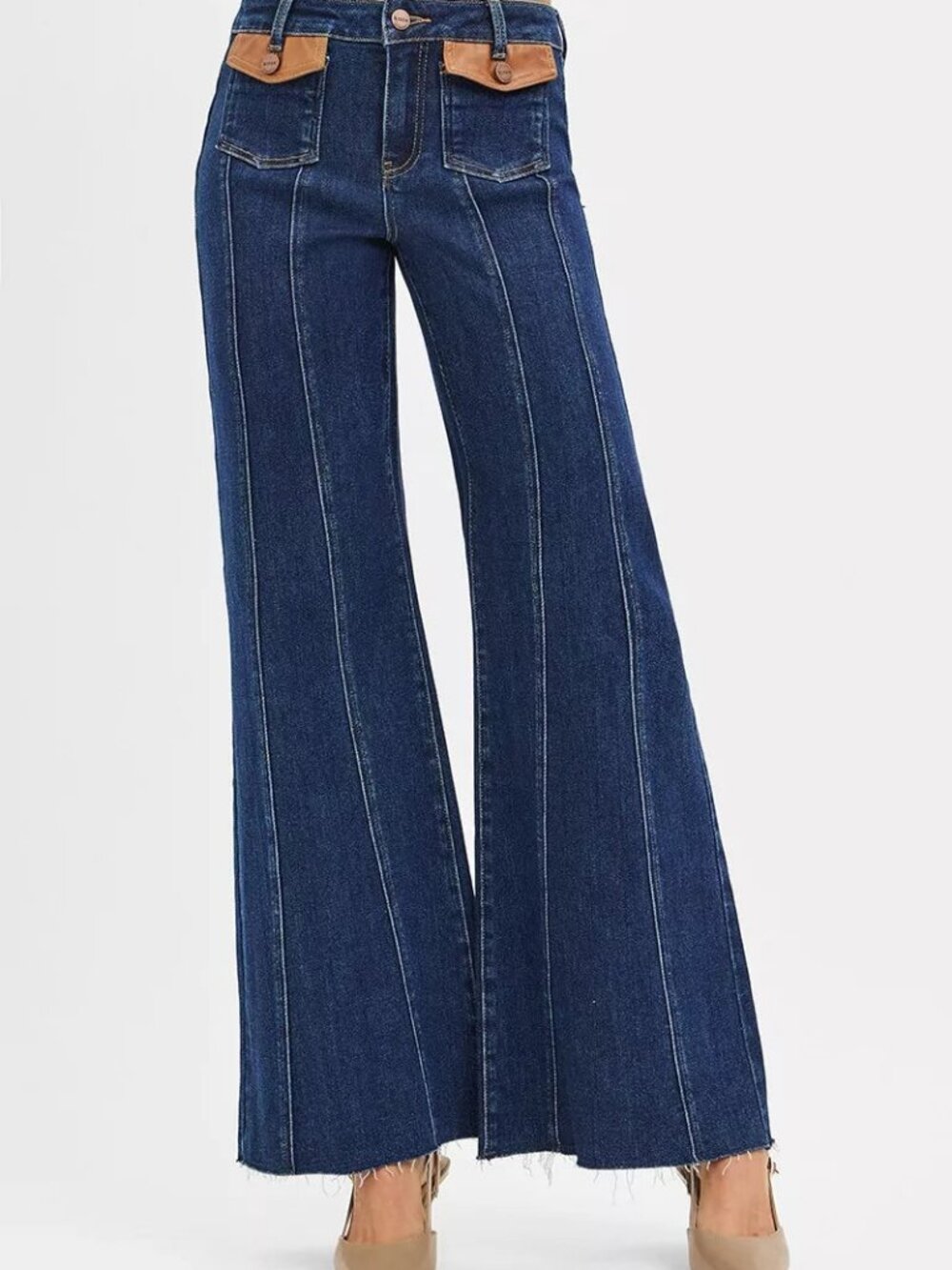 RISEN High Rise Wide Flare Jeans with Front Leather Pocket Detail - DARK / 15